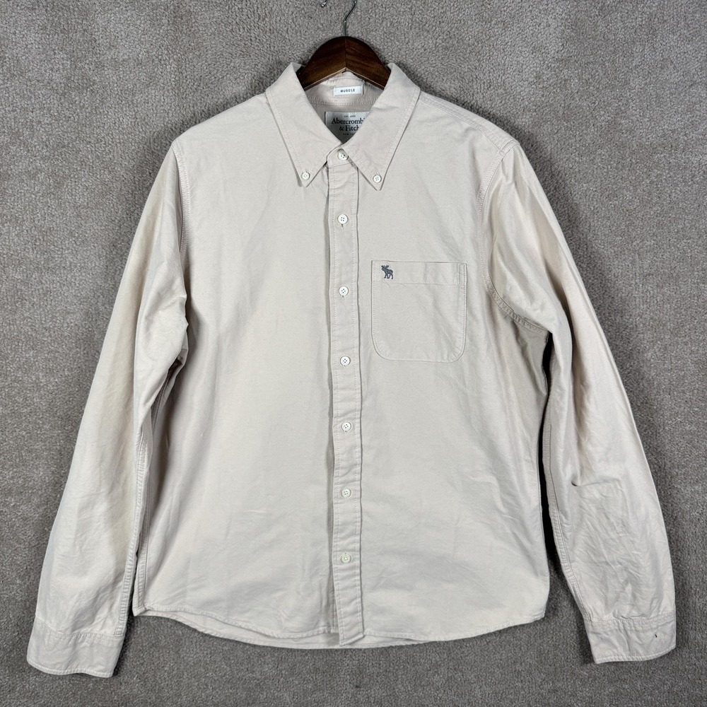 Abercrombie & Fitch Shirt Mens 2XL Beige Solid Long Sleeve Button Down Muscle